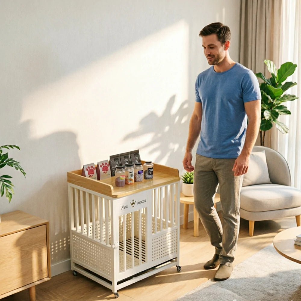 PAWORA Indoor Pet Cage with Reinforced Steel Frame Top Storage and Removable Washable Tray For Living Room Bedroom Balcony - White&Wood