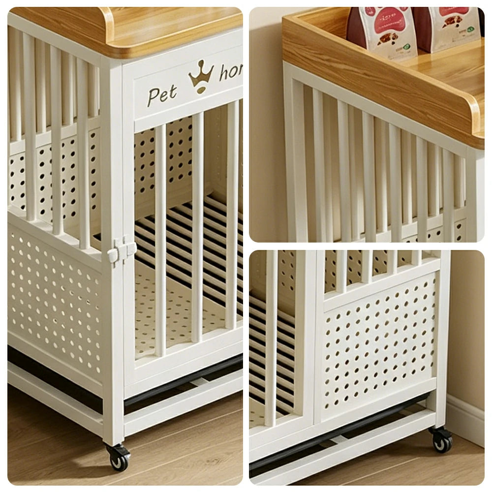 PAWORA Indoor Pet Cage with Reinforced Steel Frame Top Storage and Removable Washable Tray For Living Room Bedroom Balcony - White&Wood