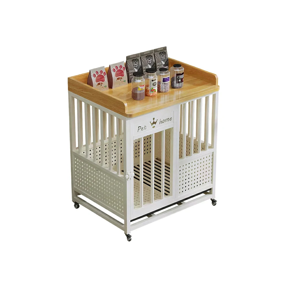 PAWORA Indoor Pet Cage with Reinforced Steel Frame Top Storage and Removable Washable Tray For Living Room Bedroom Balcony - White&Wood