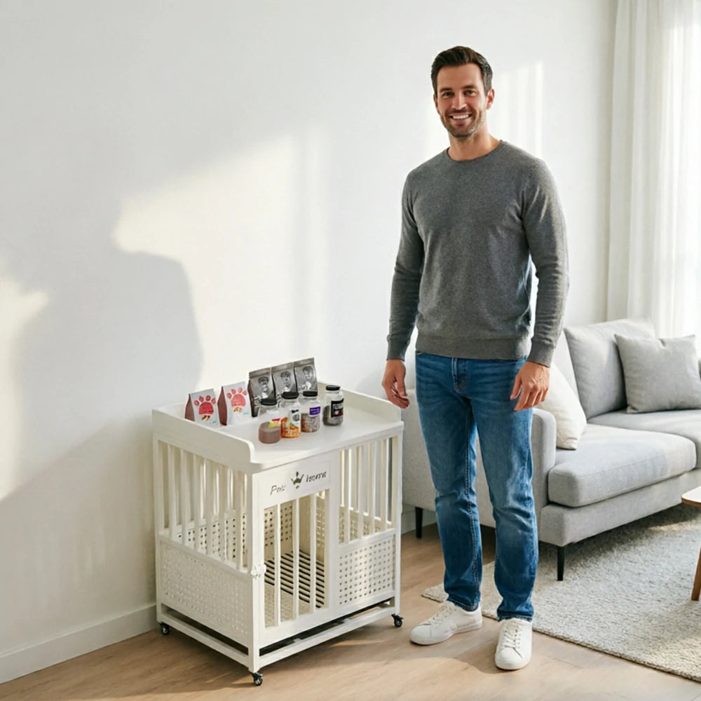 PAWORA Indoor Pet Cage with Reinforced Steel Frame Top Storage and Removable Washable Tray For Living Room Bedroom Balcony - White