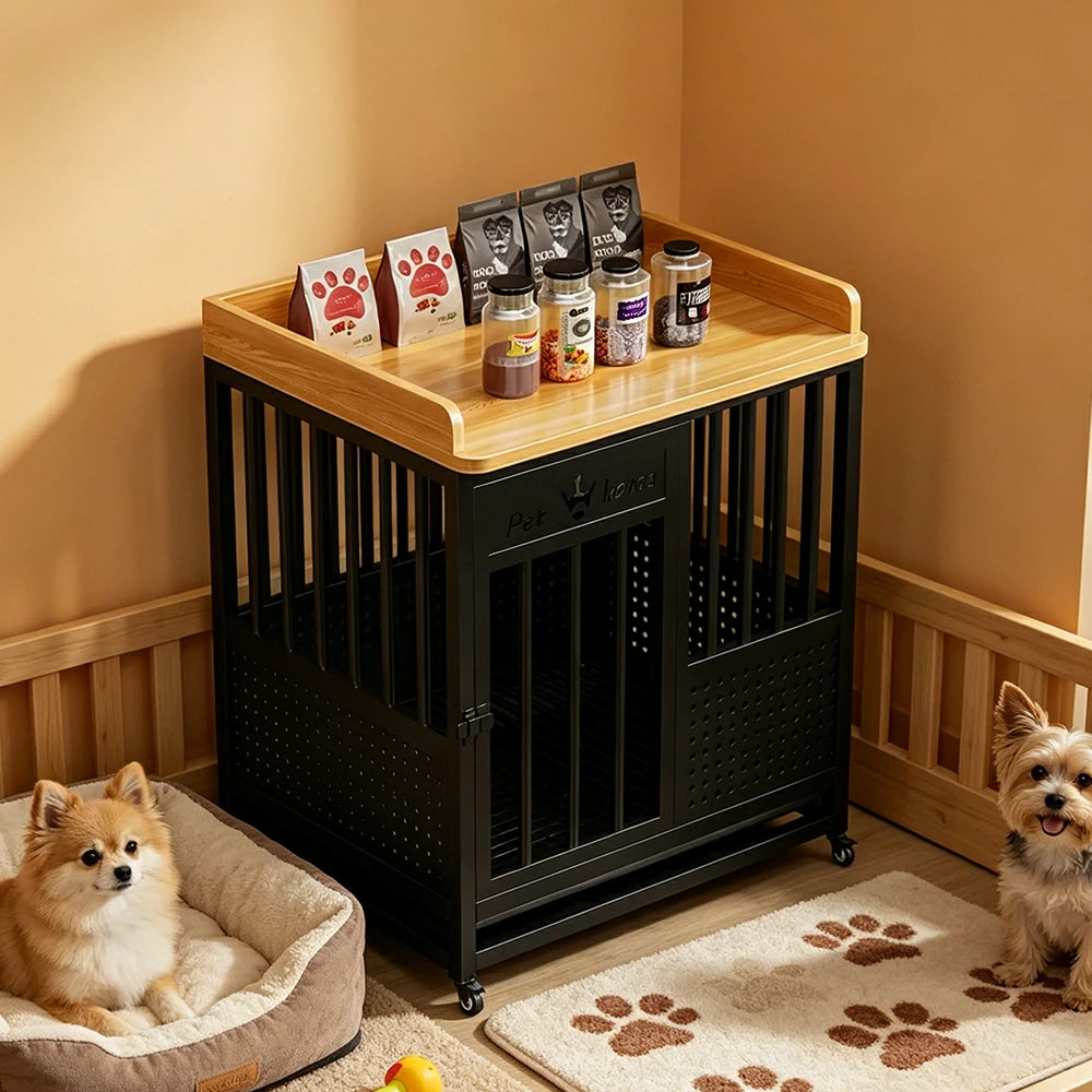 PAWORA Indoor Pet Cage with Reinforced Steel Frame Top Storage and Removable Washable Tray For Living Room Bedroom Balcony - Black&Wood