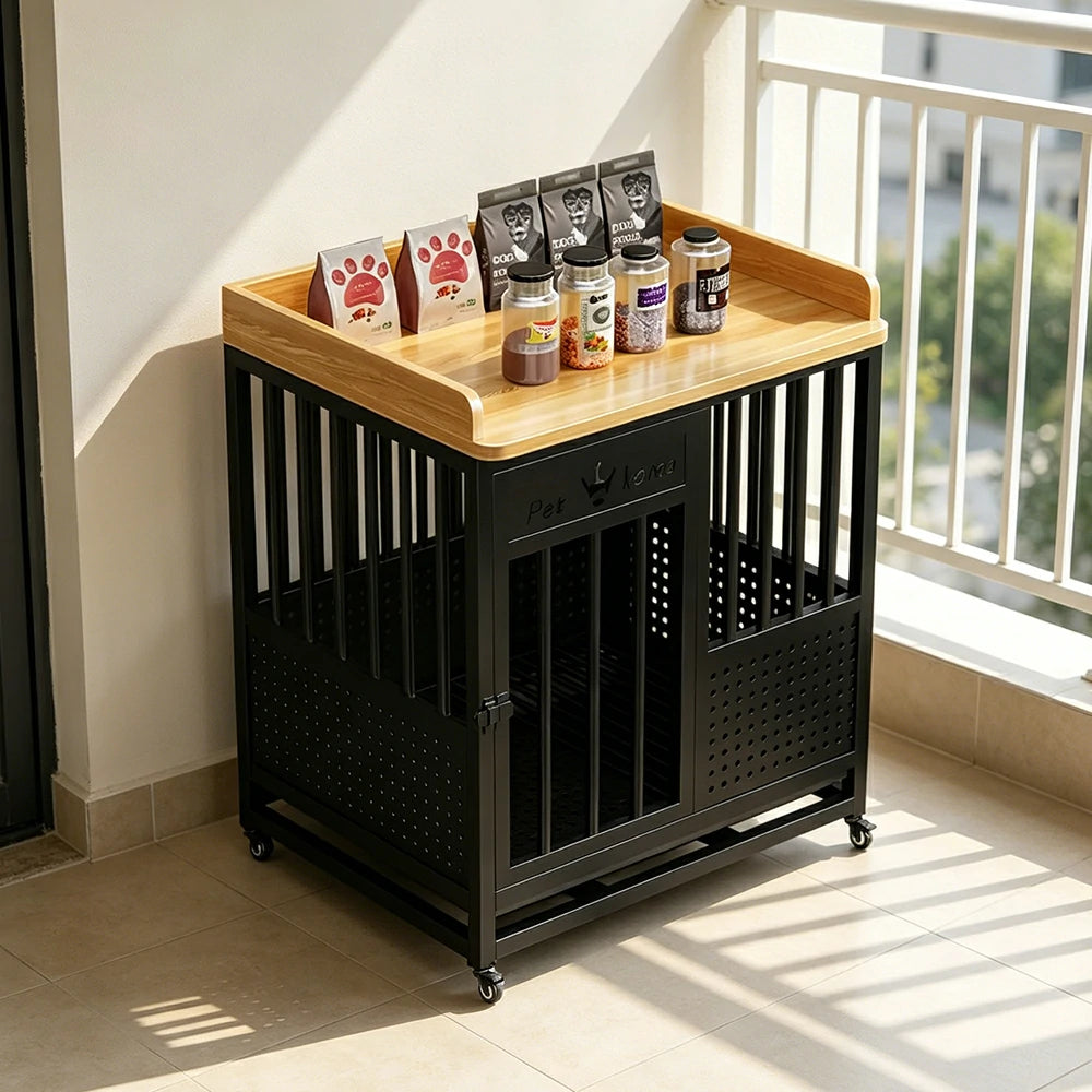 PAWORA Indoor Pet Cage with Reinforced Steel Frame Top Storage and Removable Washable Tray For Living Room Bedroom Balcony - Black&Wood