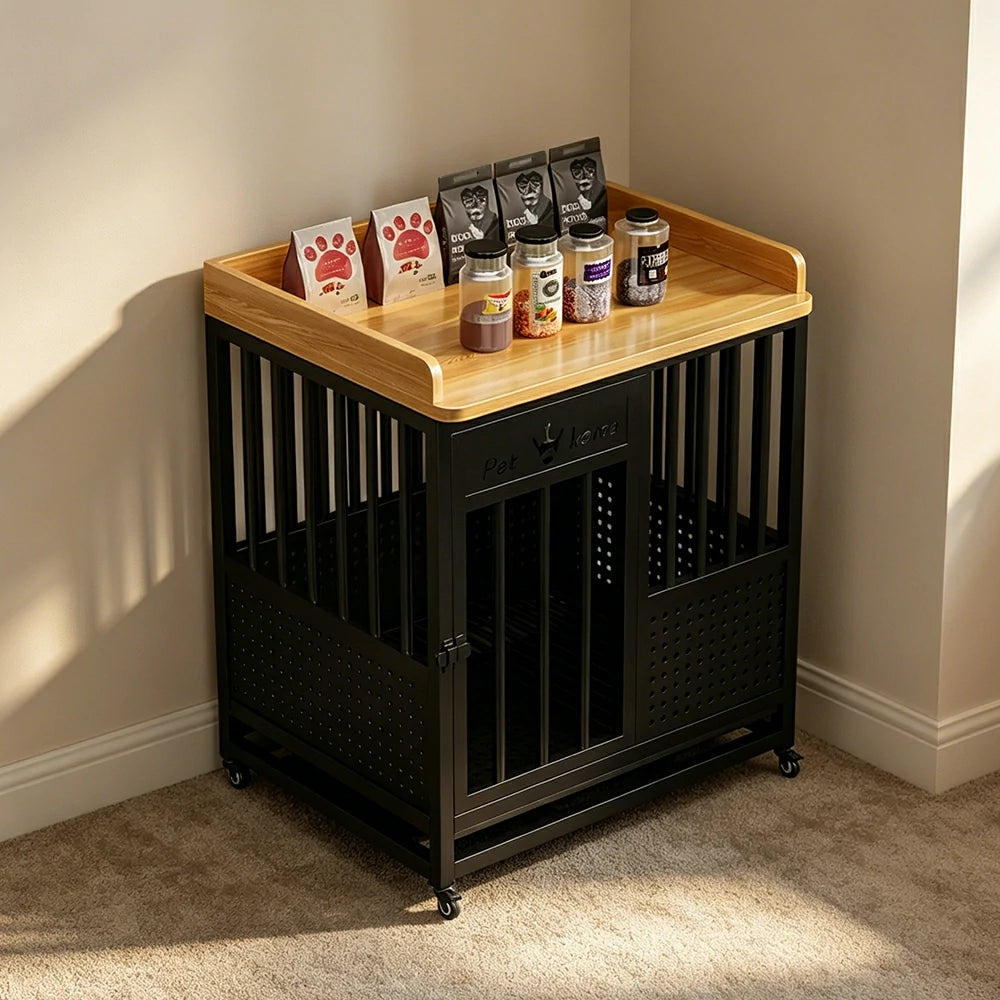 PAWORA Indoor Pet Cage with Reinforced Steel Frame Top Storage and Removable Washable Tray For Living Room Bedroom Balcony - Black&Wood