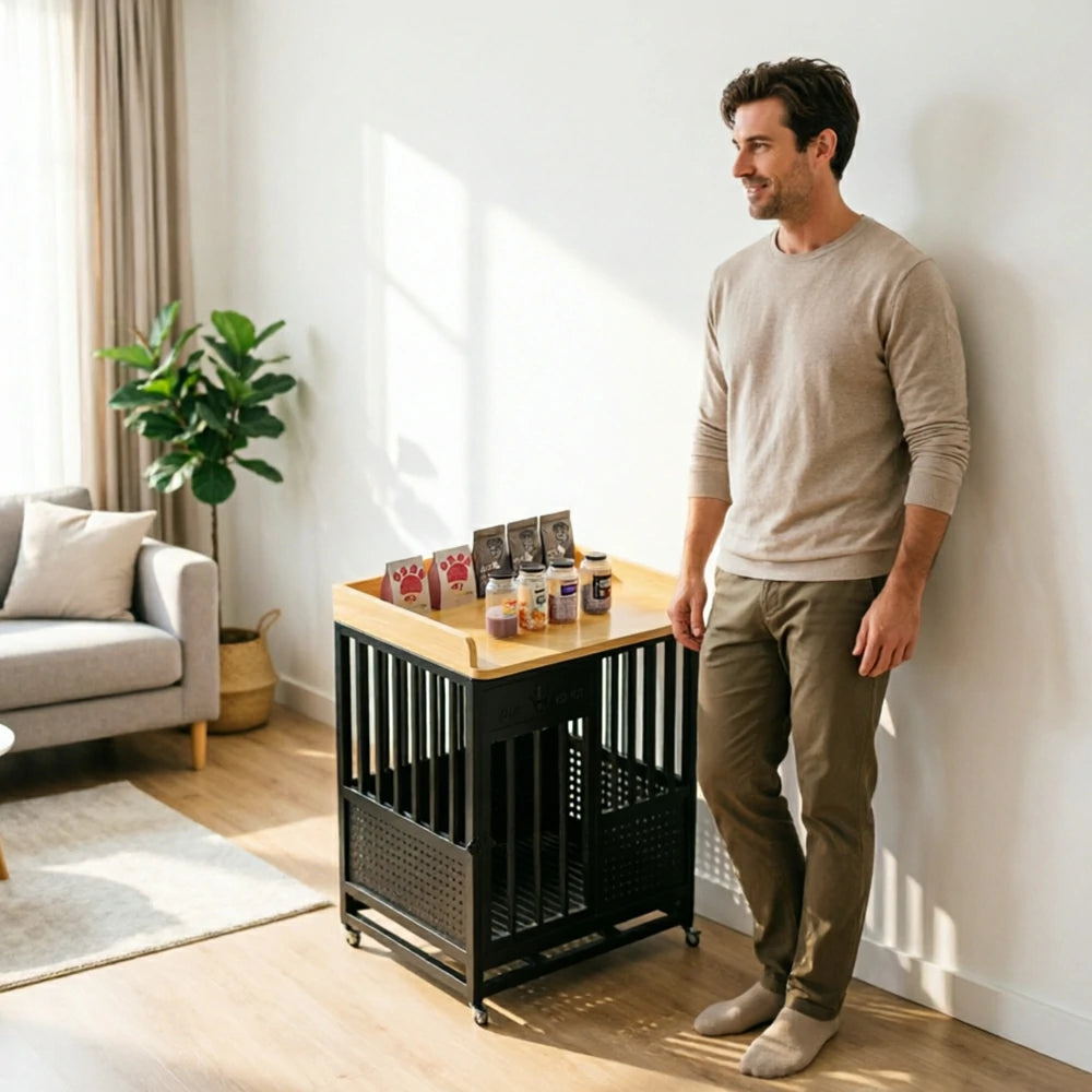 PAWORA Indoor Pet Cage with Reinforced Steel Frame Top Storage and Removable Washable Tray For Living Room Bedroom Balcony - Black&Wood