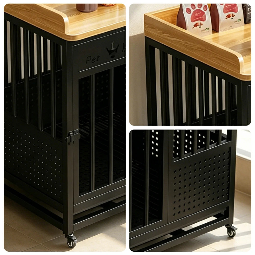 PAWORA Indoor Pet Cage with Reinforced Steel Frame Top Storage and Removable Washable Tray For Living Room Bedroom Balcony - Black&Wood