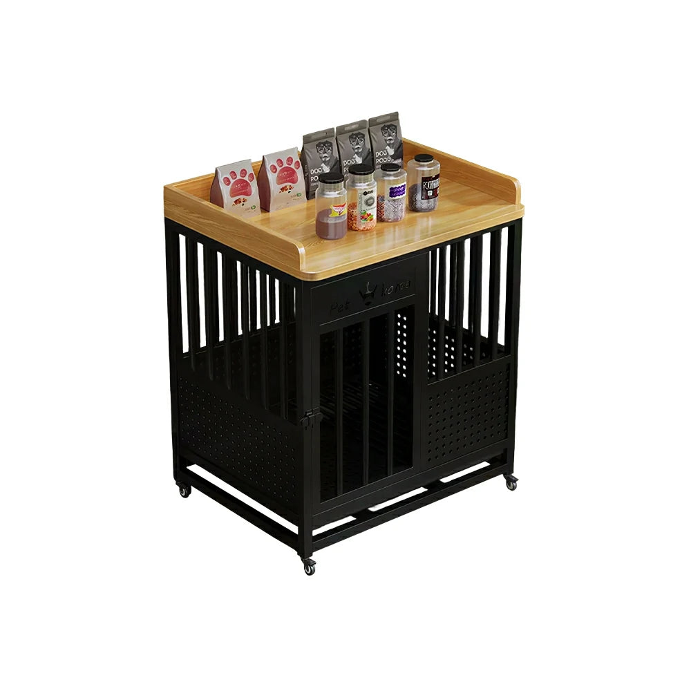 PAWORA Indoor Pet Cage with Reinforced Steel Frame Top Storage and Removable Washable Tray For Living Room Bedroom Balcony - Black&Wood