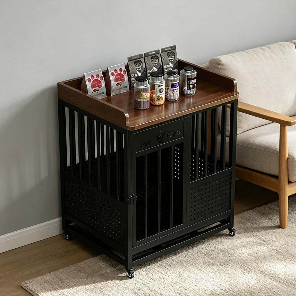 PAWORA Indoor Pet Cage with Raeinforced Steel Frame Top Storage and Removable Washable Tray For Living Room Bedroom Balcony - Black&Walnut