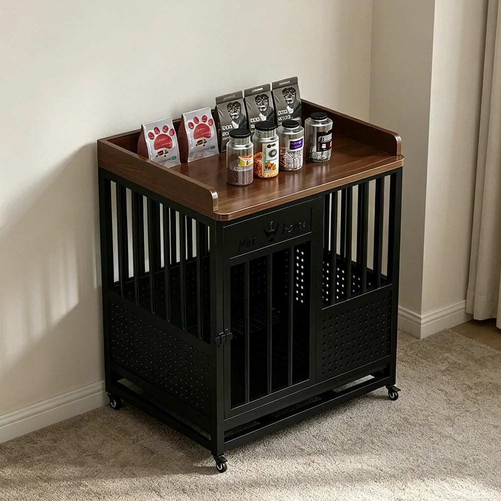 PAWORA Indoor Pet Cage with Raeinforced Steel Frame Top Storage and Removable Washable Tray For Living Room Bedroom Balcony - Black&Walnut