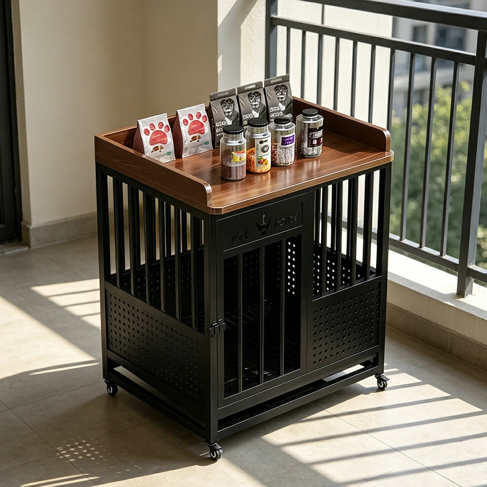 PAWORA Indoor Pet Cage with Raeinforced Steel Frame Top Storage and Removable Washable Tray For Living Room Bedroom Balcony - Black&Walnut