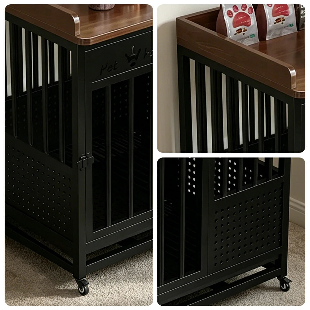 PAWORA Indoor Pet Cage with Raeinforced Steel Frame Top Storage and Removable Washable Tray For Living Room Bedroom Balcony - Black&Walnut