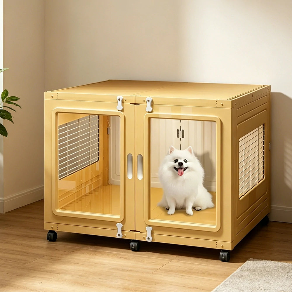 PAWORA Transparent Pet Dog House with Reinforced Structure Double Doors and Wheels For Living Room Bedroom Balcony - Yellow
