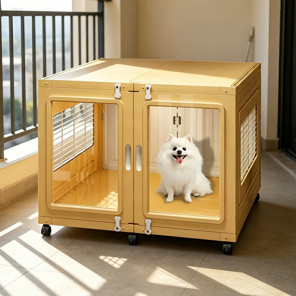 PAWORA Transparent Pet Dog House with Reinforced Structure Double Doors and Wheels For Living Room Bedroom Balcony - Yellow