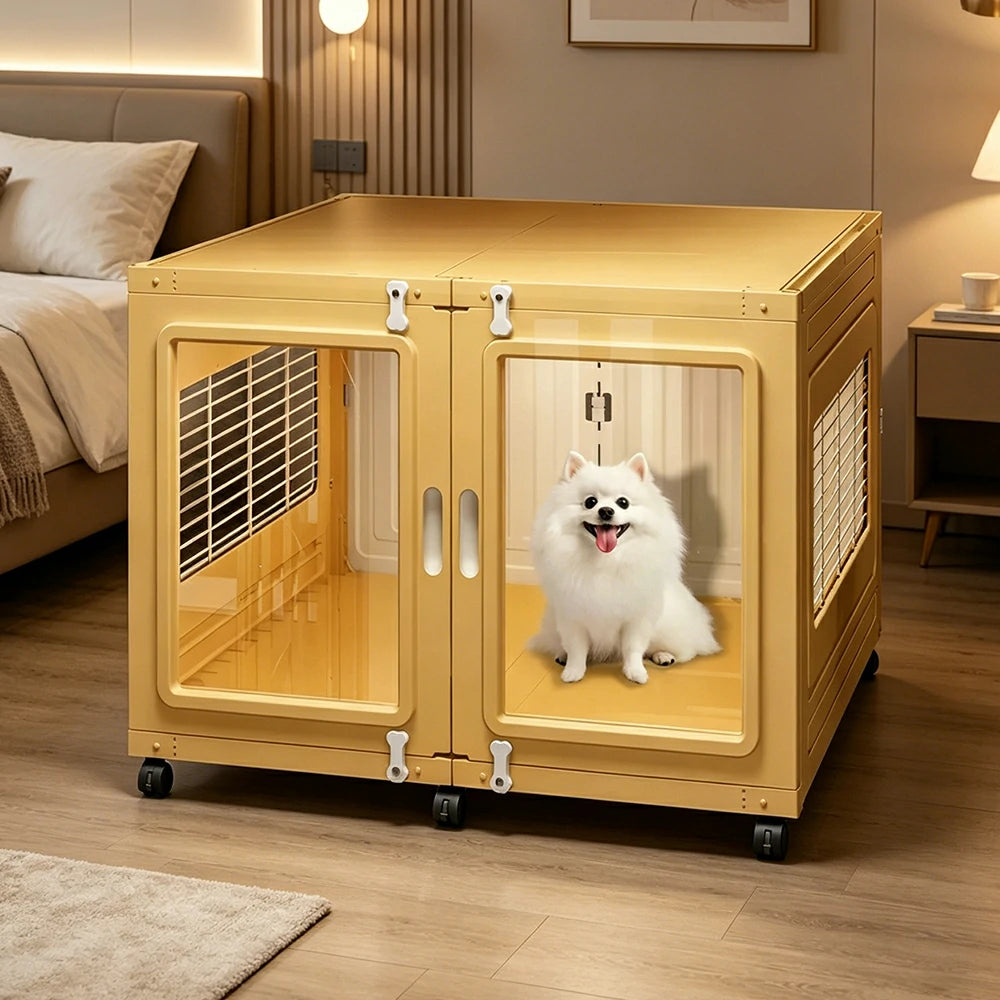 PAWORA Transparent Pet Dog House with Reinforced Structure Double Doors and Wheels For Living Room Bedroom Balcony - Yellow
