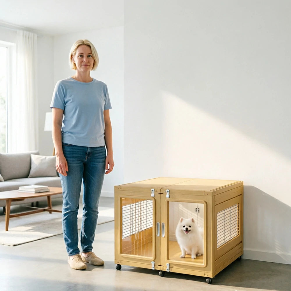 PAWORA Transparent Pet Dog House with Reinforced Structure Double Doors and Wheels For Living Room Bedroom Balcony - Yellow