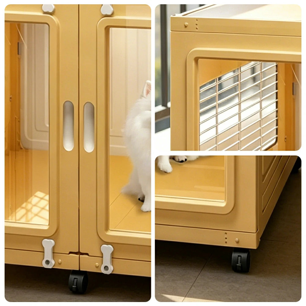 PAWORA Transparent Pet Dog House with Reinforced Structure Double Doors and Wheels For Living Room Bedroom Balcony - Yellow
