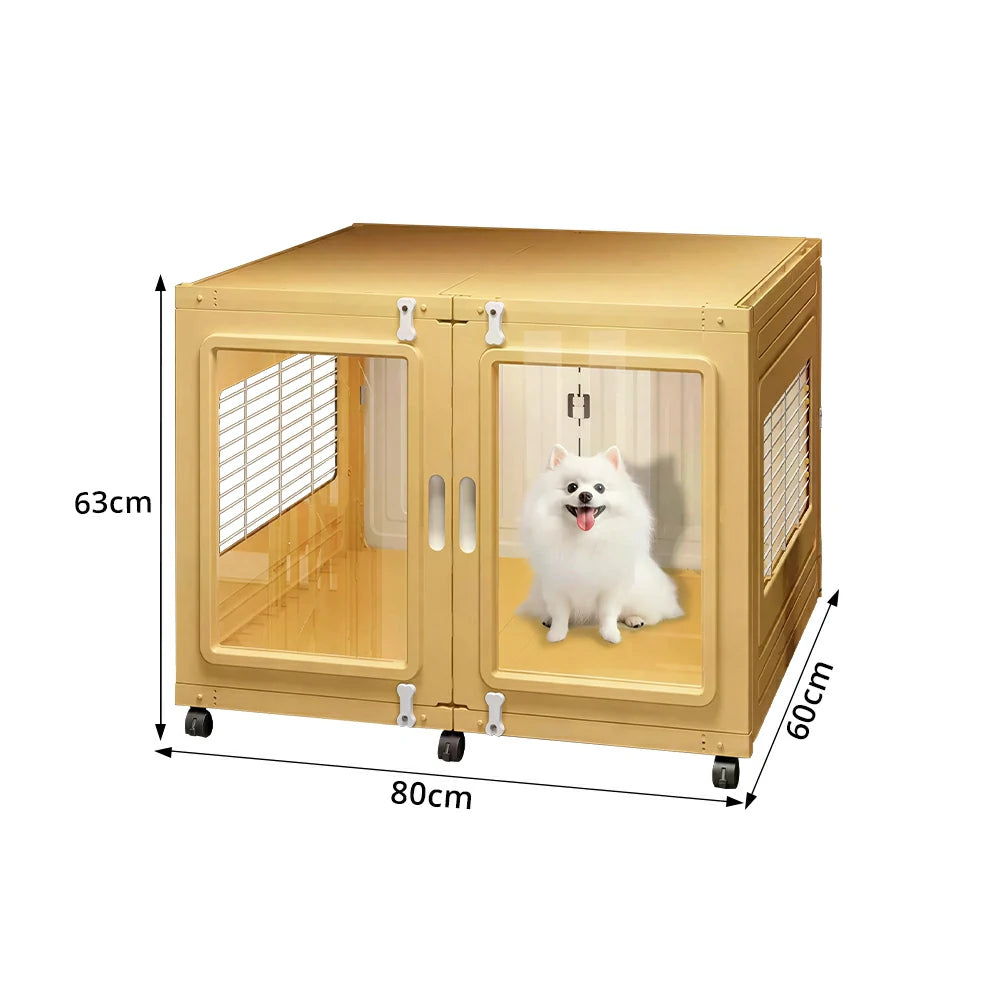 PAWORA Transparent Pet Dog House with Reinforced Structure Double Doors and Wheels For Living Room Bedroom Balcony - Yellow