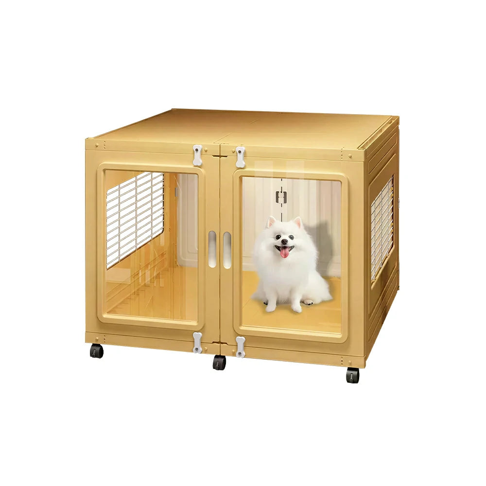 PAWORA Transparent Pet Dog House with Reinforced Structure Double Doors and Wheels For Living Room Bedroom Balcony - Yellow