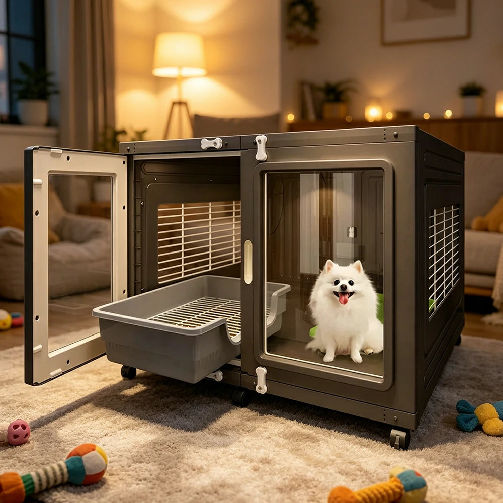PAWORA Transparent Pet Dog House with Reinforced Structure Double Doors and Wheels For Living Room Bedroom Balcony - Grey