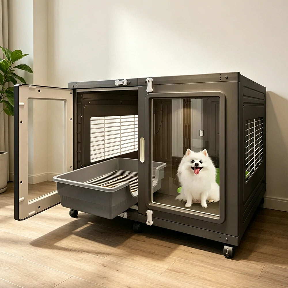 PAWORA Transparent Pet Dog House with Reinforced Structure Double Doors and Wheels For Living Room Bedroom Balcony - Grey