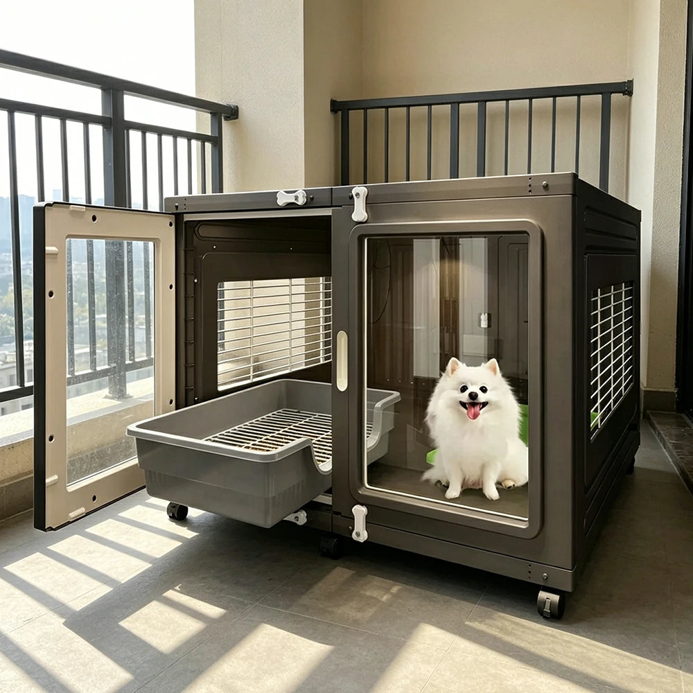 PAWORA Transparent Pet Dog House with Reinforced Structure Double Doors and Wheels For Living Room Bedroom Balcony - Grey