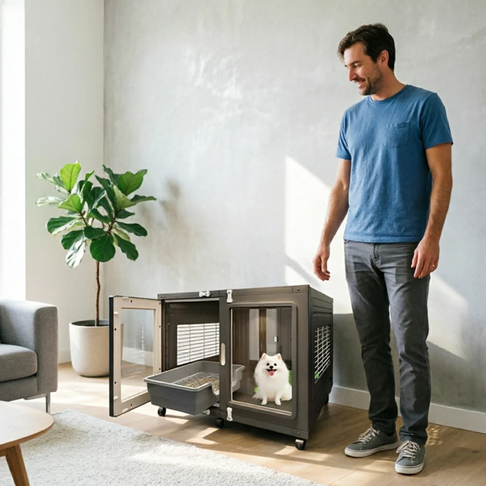 PAWORA Transparent Pet Dog House with Reinforced Structure Double Doors and Wheels For Living Room Bedroom Balcony - Grey