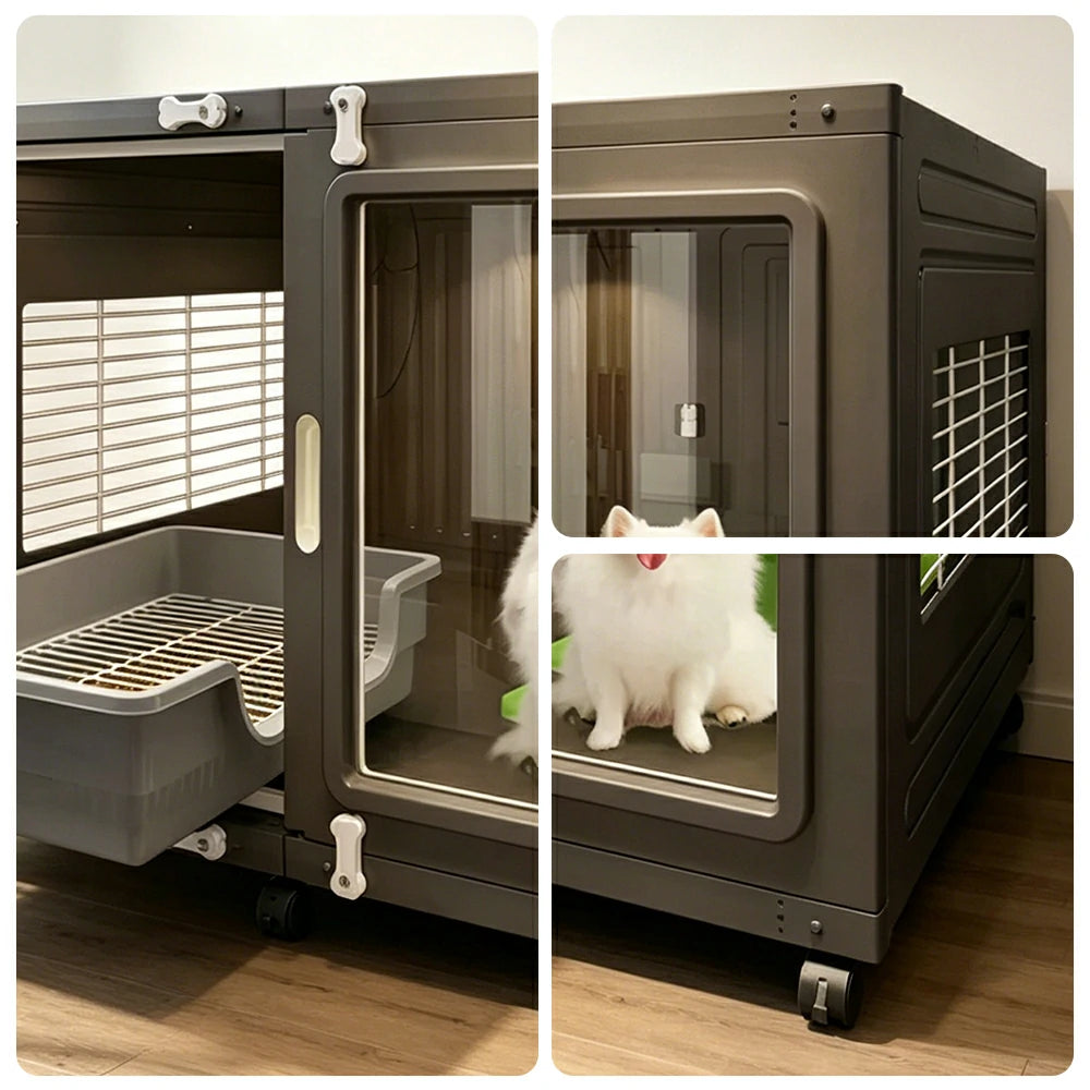 PAWORA Transparent Pet Dog House with Reinforced Structure Double Doors and Wheels For Living Room Bedroom Balcony - Grey