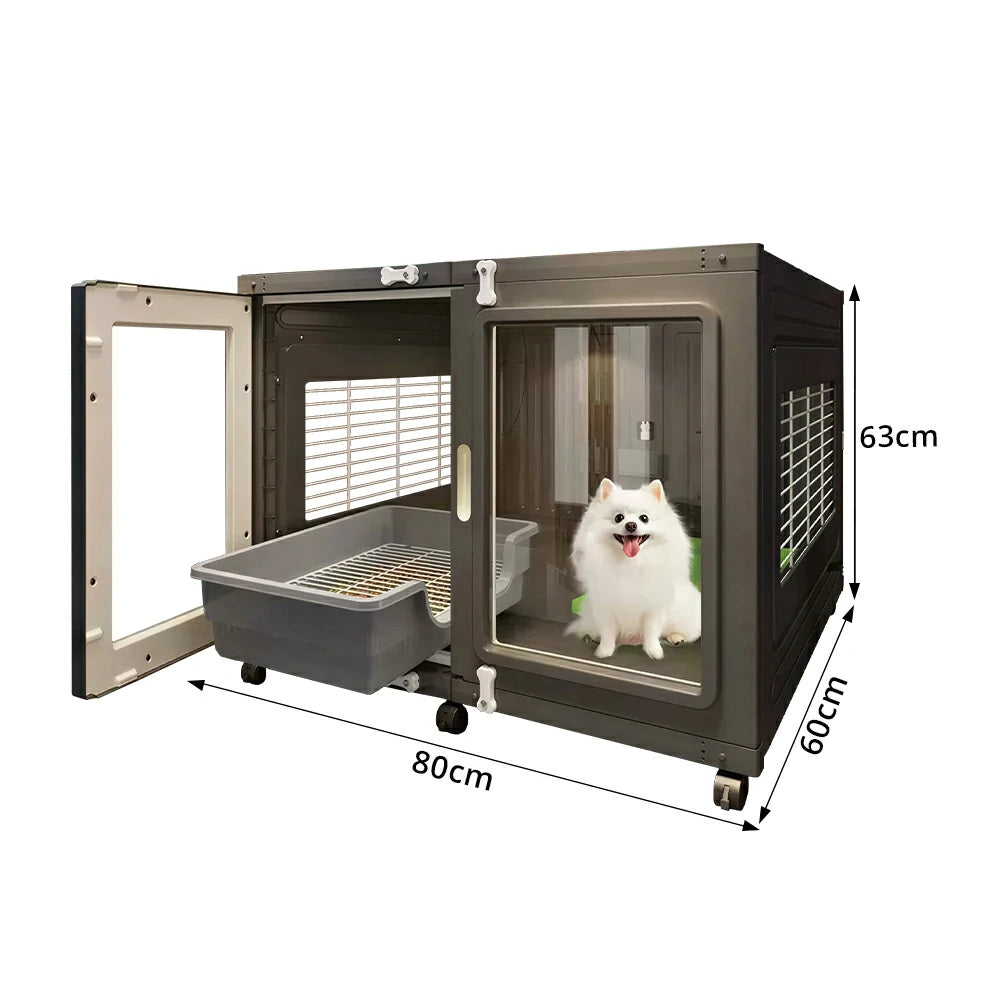PAWORA Transparent Pet Dog House with Reinforced Structure Double Doors and Wheels For Living Room Bedroom Balcony - Grey