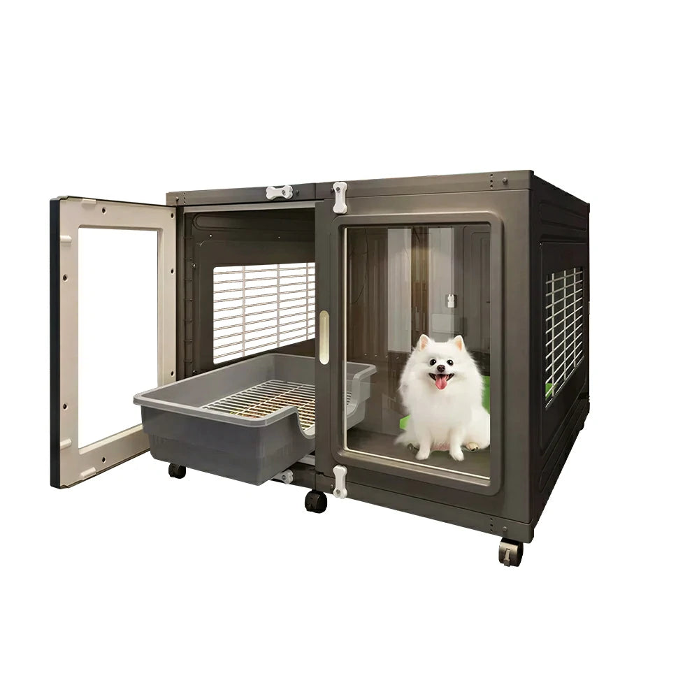PAWORA Transparent Pet Dog House with Reinforced Structure Double Doors and Wheels For Living Room Bedroom Balcony - Grey
