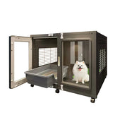 PAWORA Transparent Pet Dog House with Reinforced Structure Double Doors and Wheels For Living Room Bedroom Balcony - Grey