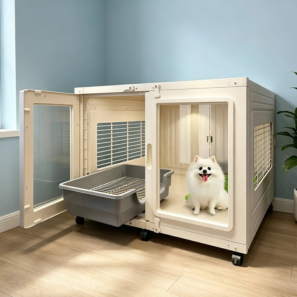 PAWORA Transparent Pet Dog House with Reinforced Structure Double Doors and Wheels For Living Room Bedroom Balcony - White