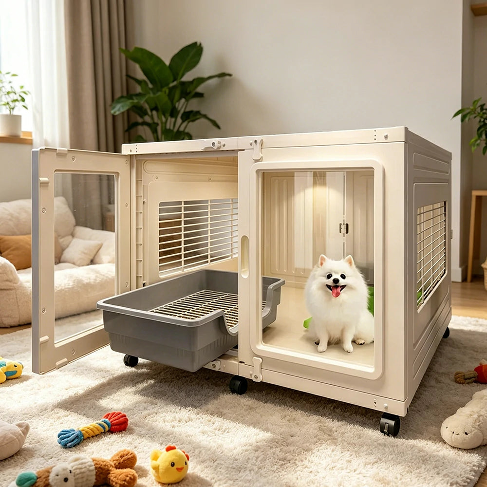 PAWORA Transparent Pet Dog House with Reinforced Structure Double Doors and Wheels For Living Room Bedroom Balcony - White