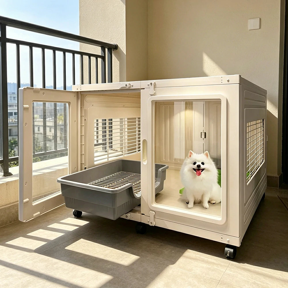 PAWORA Transparent Pet Dog House with Reinforced Structure Double Doors and Wheels For Living Room Bedroom Balcony - White