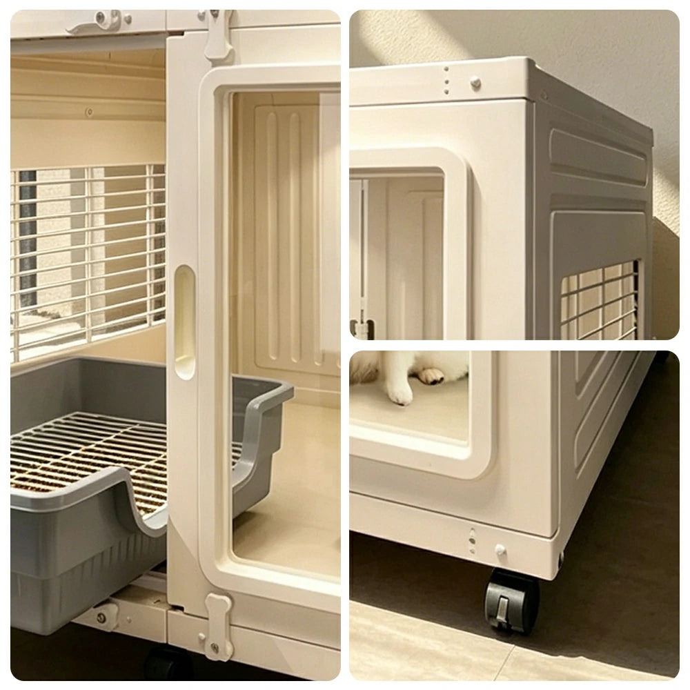 PAWORA Transparent Pet Dog House with Reinforced Structure Double Doors and Wheels For Living Room Bedroom Balcony - White