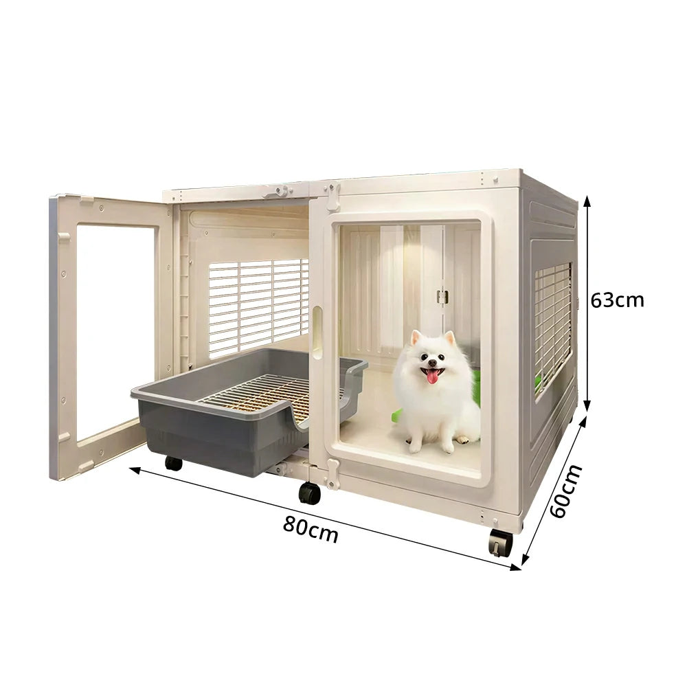 PAWORA Transparent Pet Dog House with Reinforced Structure Double Doors and Wheels For Living Room Bedroom Balcony - White