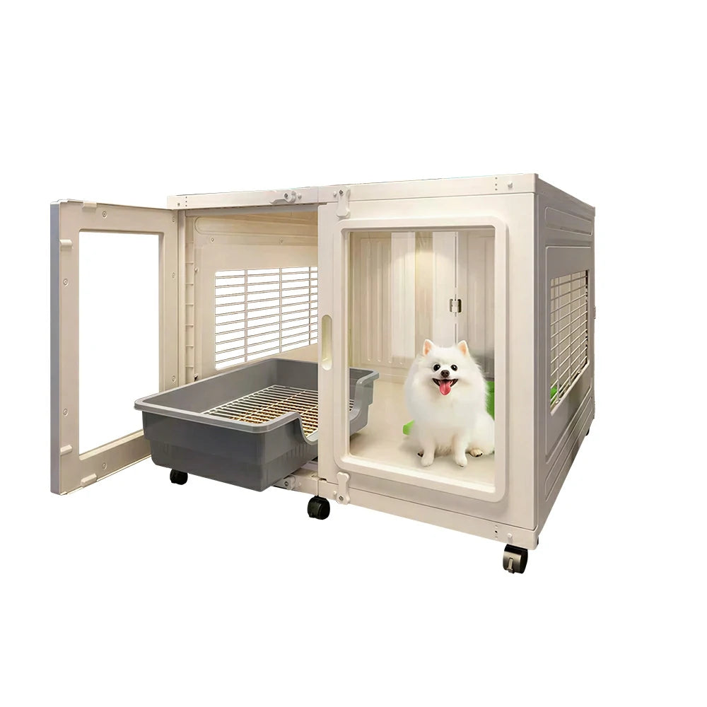 PAWORA Transparent Pet Dog House with Reinforced Structure Double Doors and Wheels For Living Room Bedroom Balcony - White