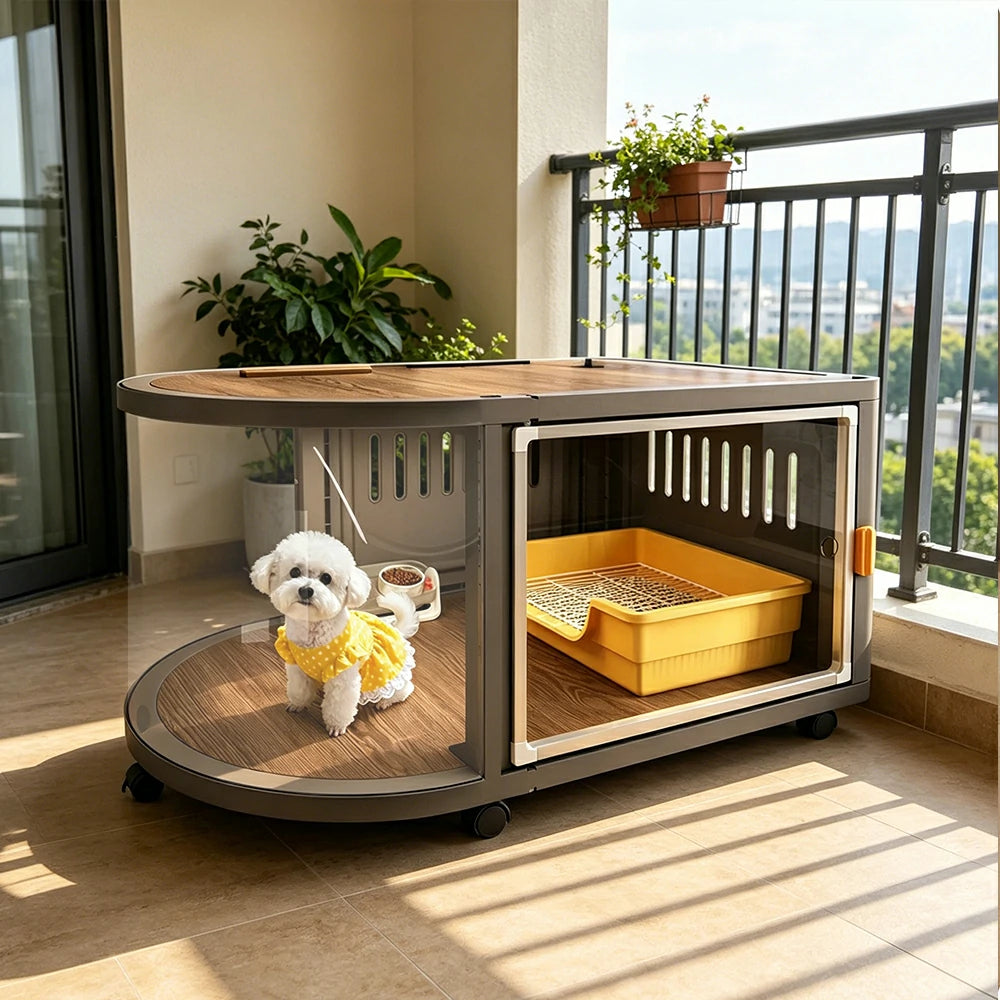 PAWORA Home Resin Luxury Dog Villa with Panoramic Transparent Doors Separate Rest & Toilet Area For Small & Medium Dogs Living Room Bedroom Balcony - Grey