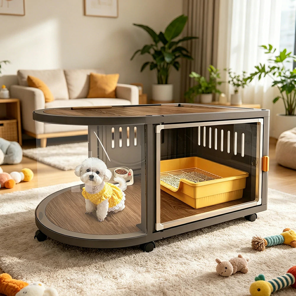 PAWORA Home Resin Luxury Dog Villa with Panoramic Transparent Doors Separate Rest & Toilet Area For Small & Medium Dogs Living Room Bedroom Balcony - Grey