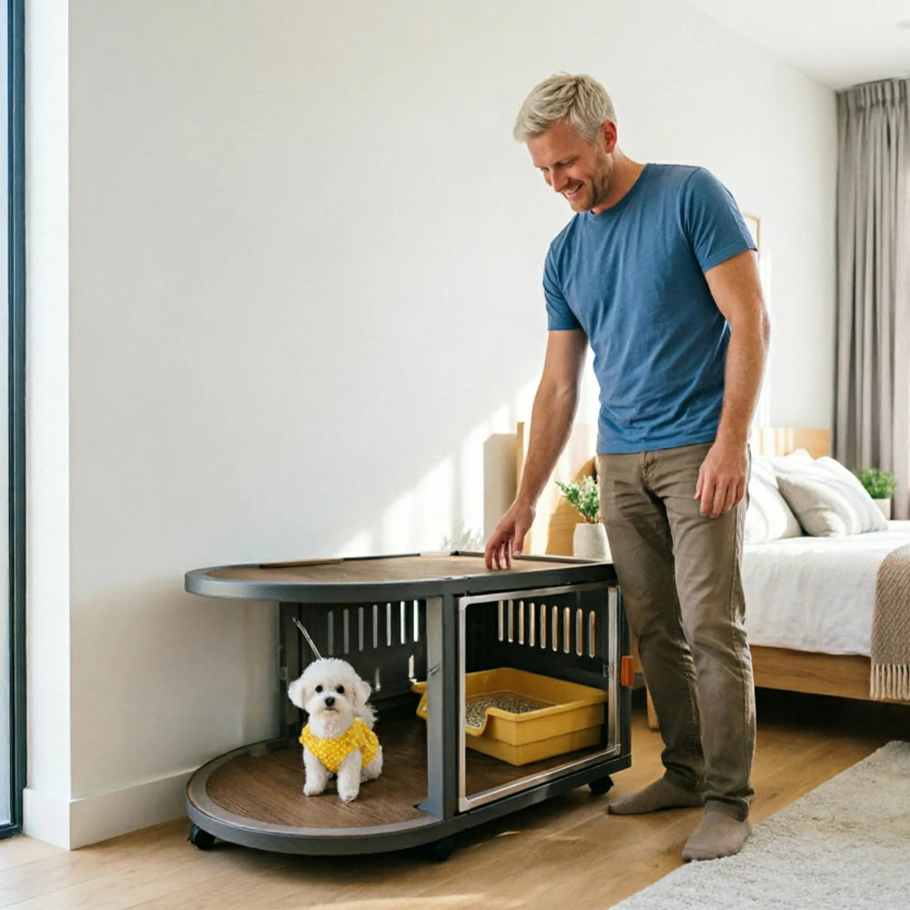 PAWORA Home Resin Luxury Dog Villa with Panoramic Transparent Doors Separate Rest & Toilet Area For Small & Medium Dogs Living Room Bedroom Balcony - Grey