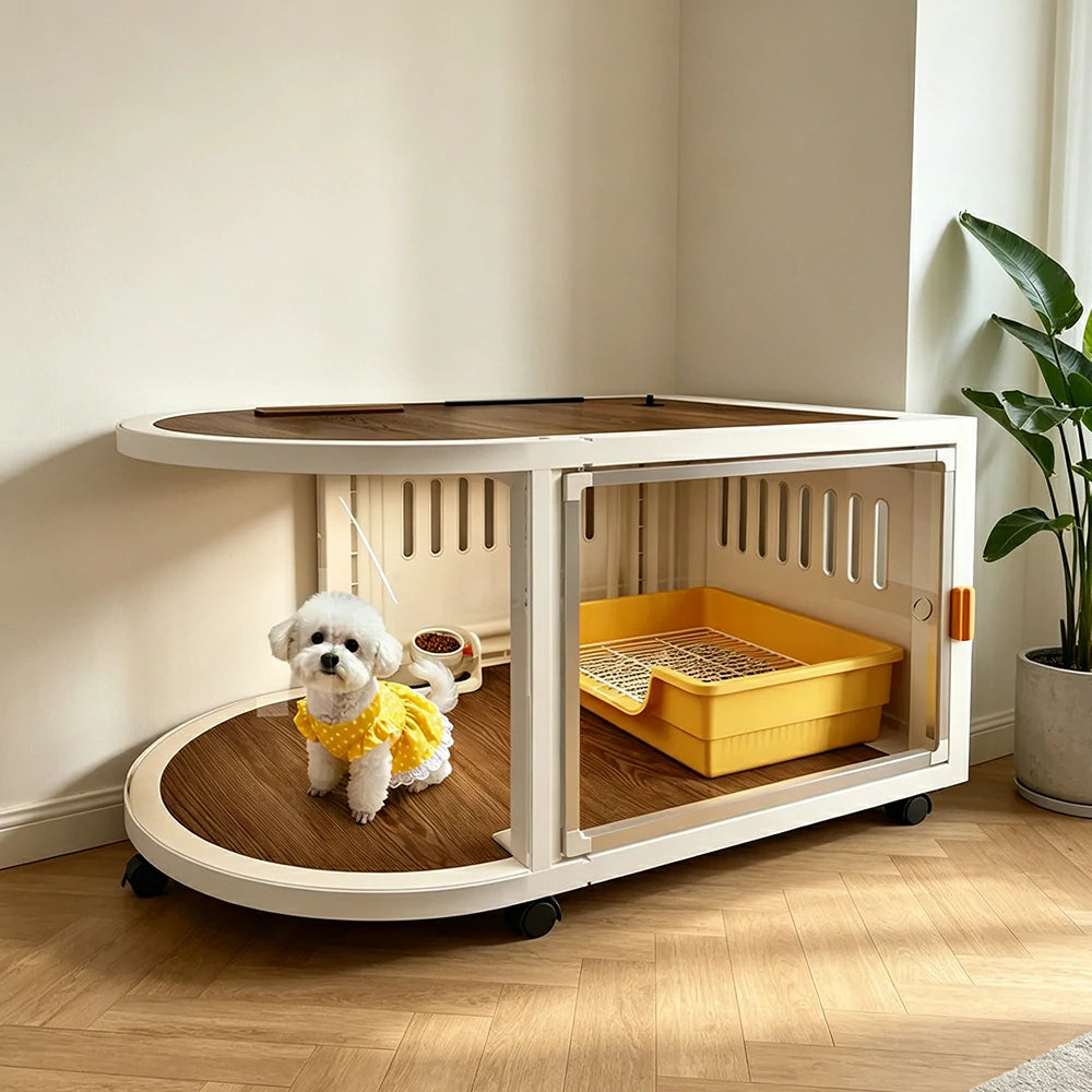 PAWORA Home Resin Luxury Dog Villa with Panoramic Transparent Doors Separate Rest & Toilet Area For Small & Medium Dogs Living Room Bedroom Balcony - White