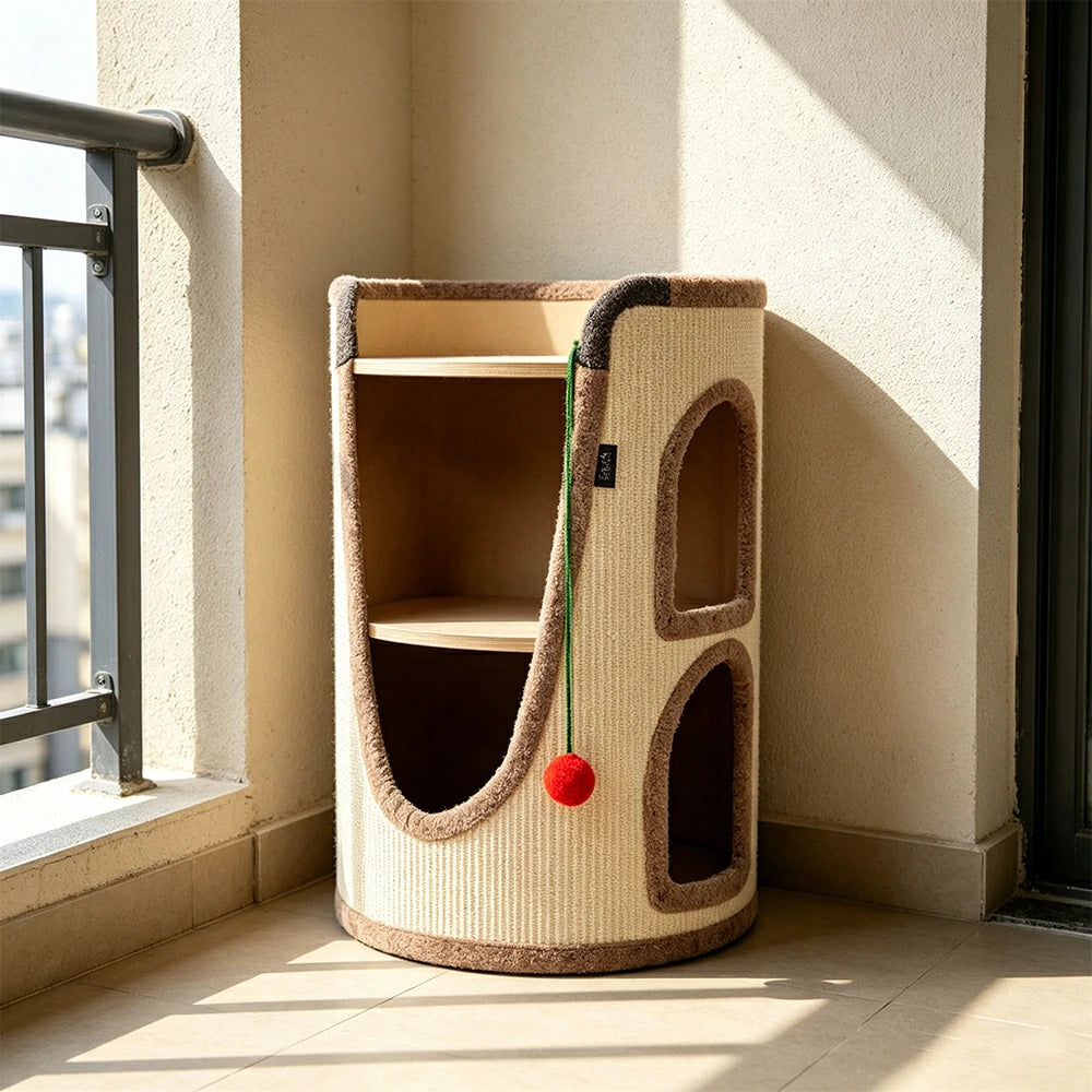 PAWORA Multifunctional Cat Climbing House with Sisal Scratching Vertical Rest and Play Space For Apartment Living Room Balcony - Beige