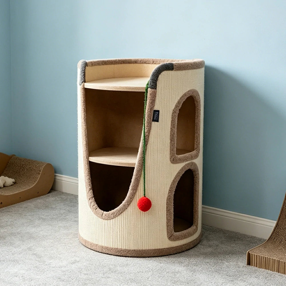PAWORA Multifunctional Cat Climbing House with Sisal Scratching Vertical Rest and Play Space For Apartment Living Room Balcony - Beige