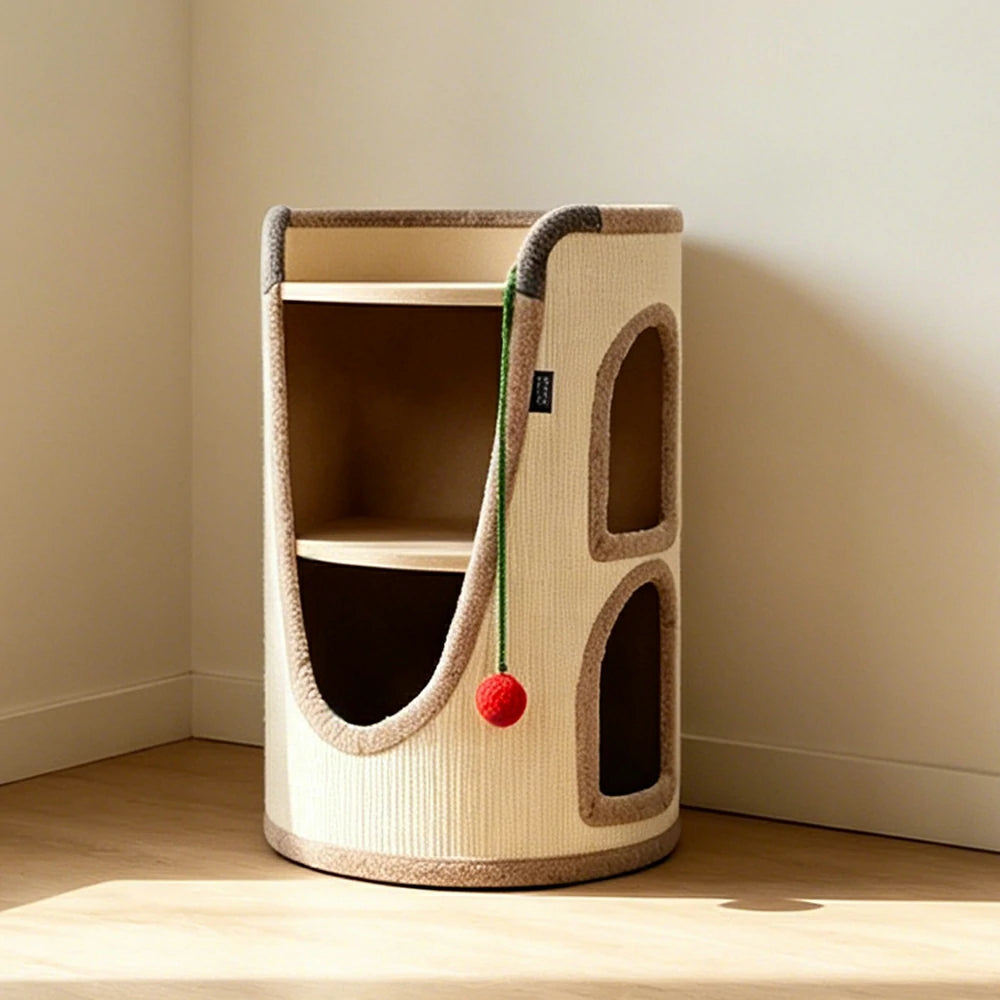 PAWORA Multifunctional Cat Climbing House with Sisal Scratching Vertical Rest and Play Space For Apartment Living Room Balcony - Beige