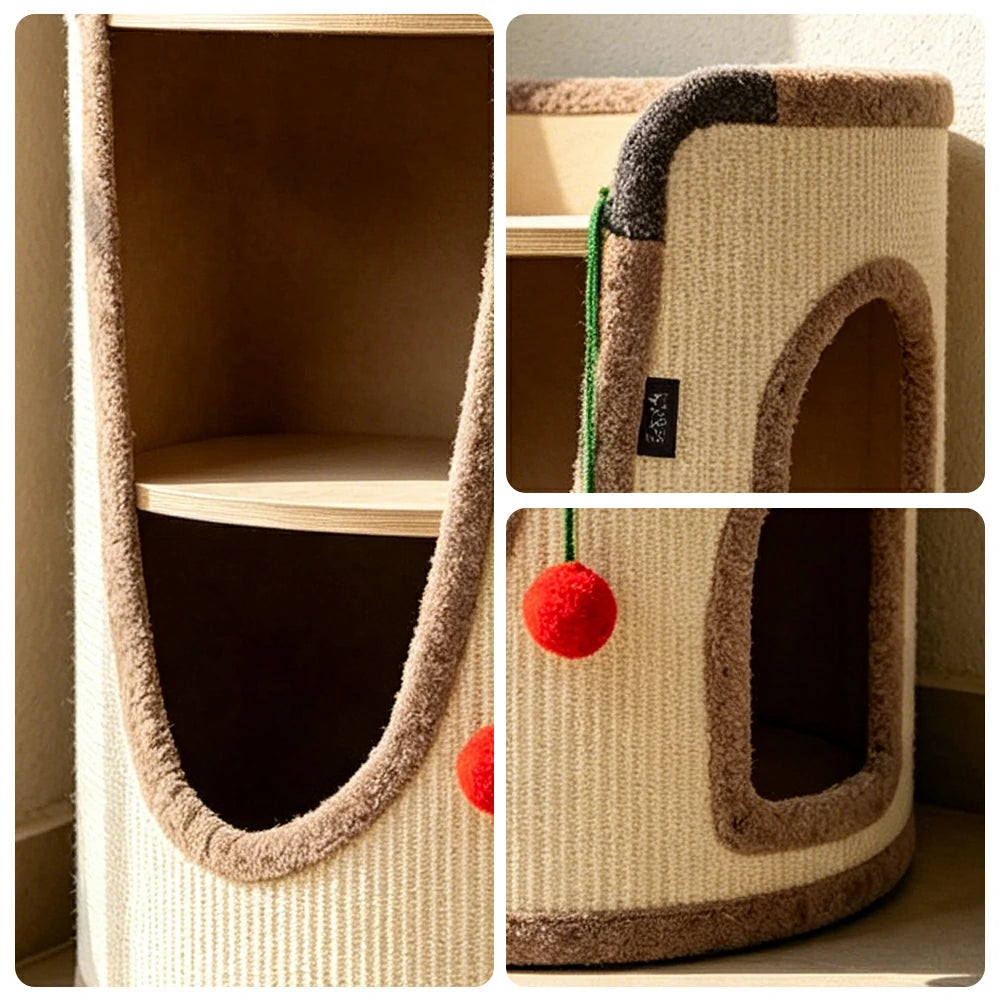 PAWORA Multifunctional Cat Climbing House with Sisal Scratching Vertical Rest and Play Space For Apartment Living Room Balcony - Beige
