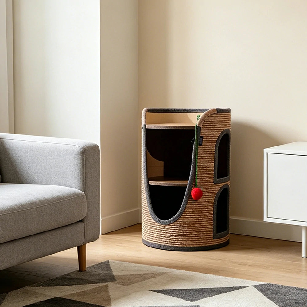 PAWORA Multifunctional Cat Climbing House with Sisal Scratching Vertical Rest and Play Space For Apartment Living Room Balcony - Brown