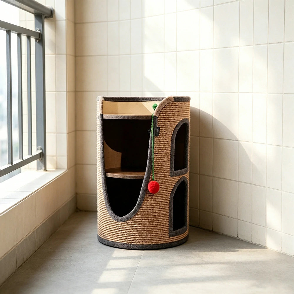 PAWORA Multifunctional Cat Climbing House with Sisal Scratching Vertical Rest and Play Space For Apartment Living Room Balcony - Brown