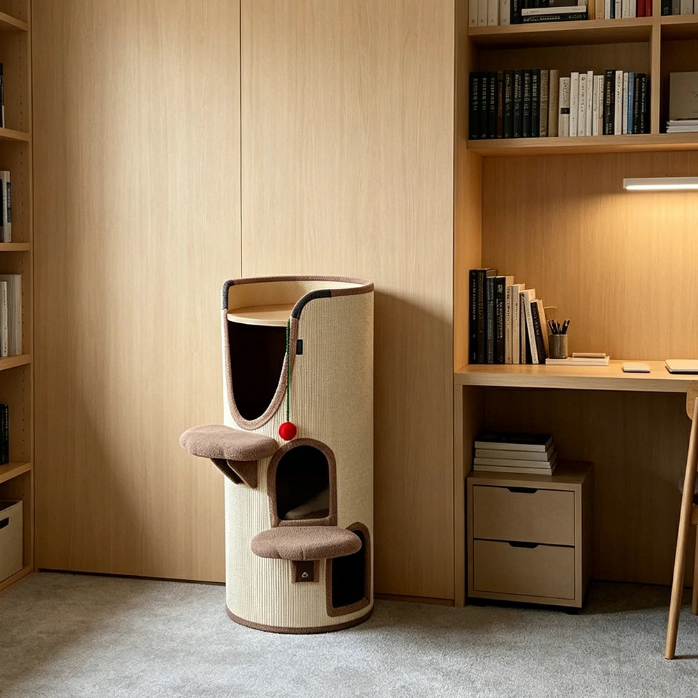 PAWORA 3-Level Multifunctional Cat Climbing House with Sisal Scratching Vertical Rest and Play Space For Apartment Living Room Balcony - Beige