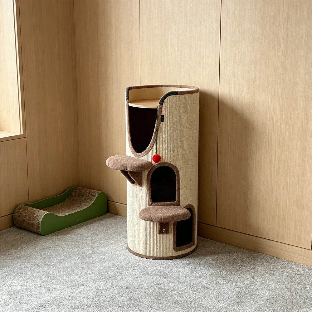PAWORA 3-Level Multifunctional Cat Climbing House with Sisal Scratching Vertical Rest and Play Space For Apartment Living Room Balcony - Beige