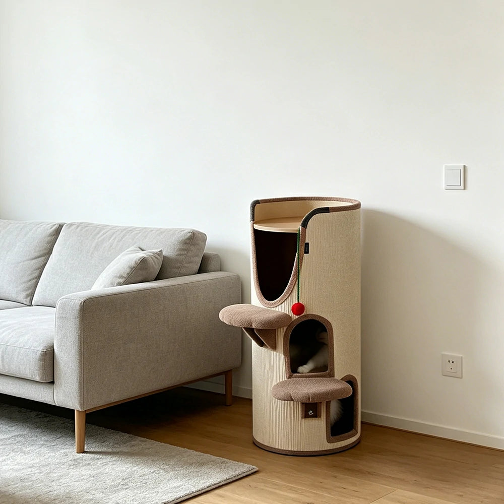 PAWORA 3-Level Multifunctional Cat Climbing House with Sisal Scratching Vertical Rest and Play Space For Apartment Living Room Balcony - Beige
