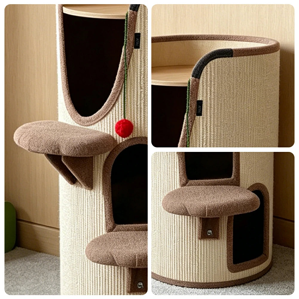 PAWORA 3-Level Multifunctional Cat Climbing House with Sisal Scratching Vertical Rest and Play Space For Apartment Living Room Balcony - Beige