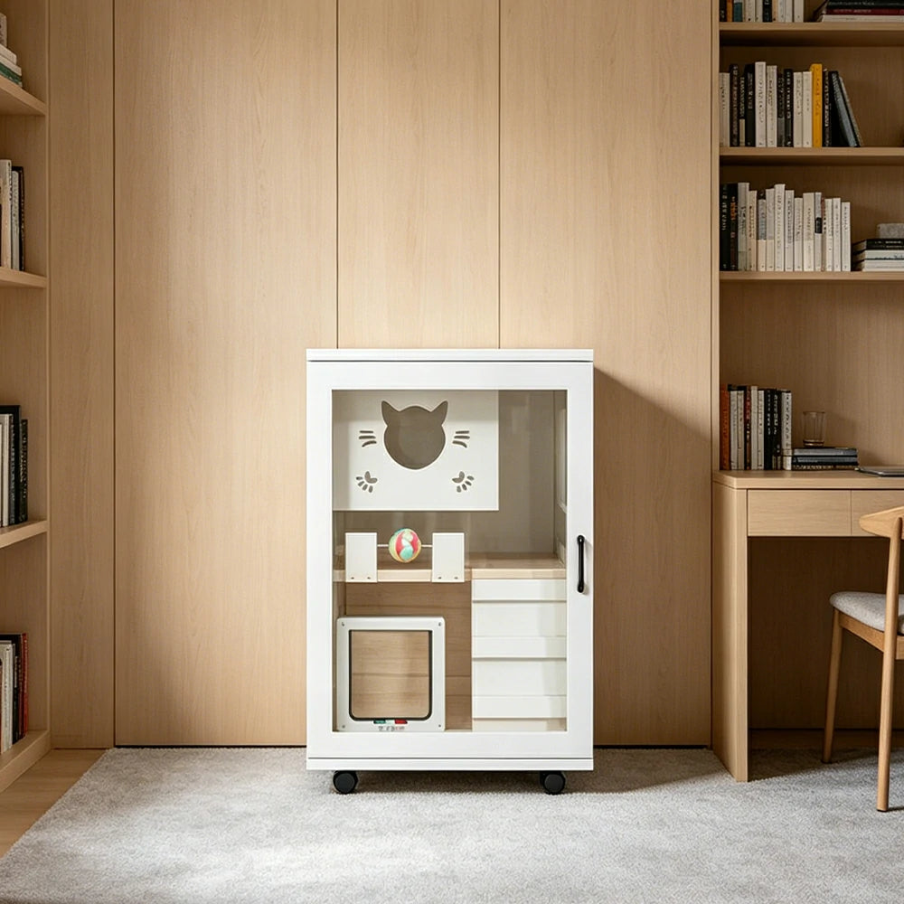 PAWORA Multi-Level Cat Cabinet with Ventilated Transparent Doors 60x60x90cm For Living Room Balcony Pet Room - White